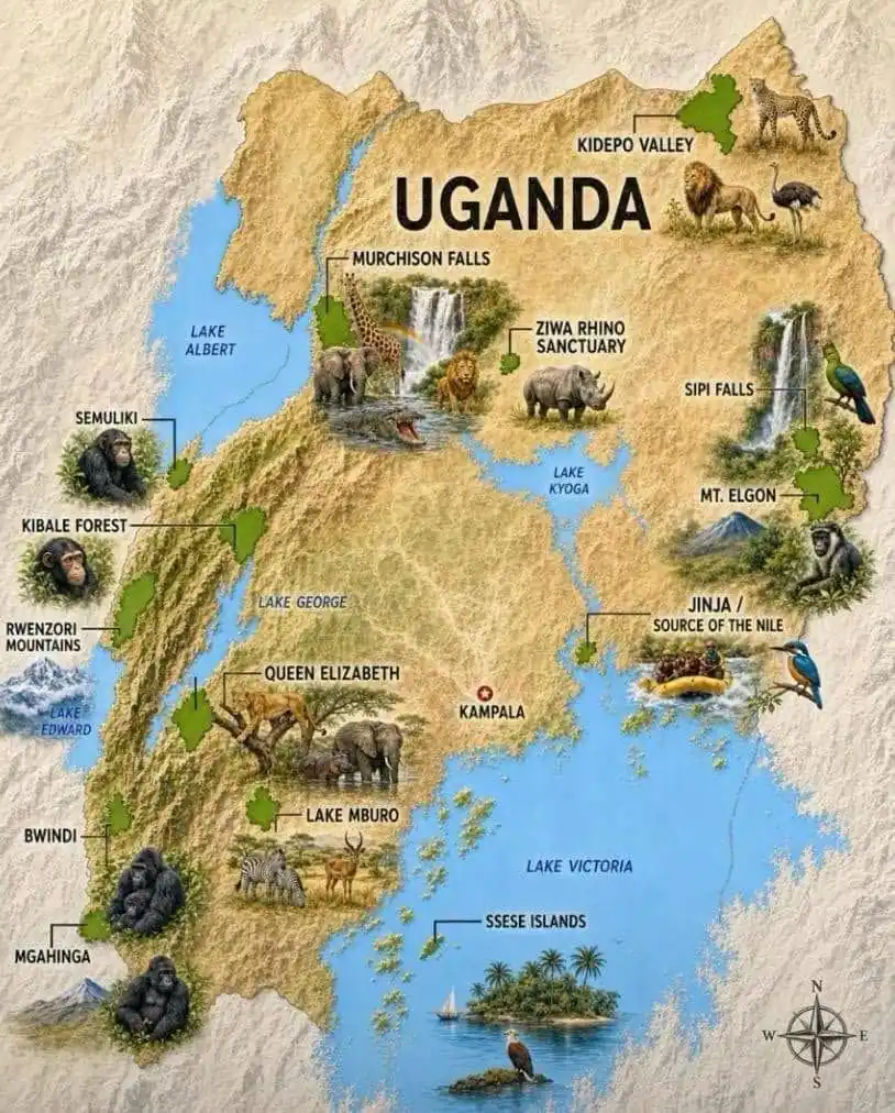 Illustrated map of Uganda showing its national parks and safari destinations